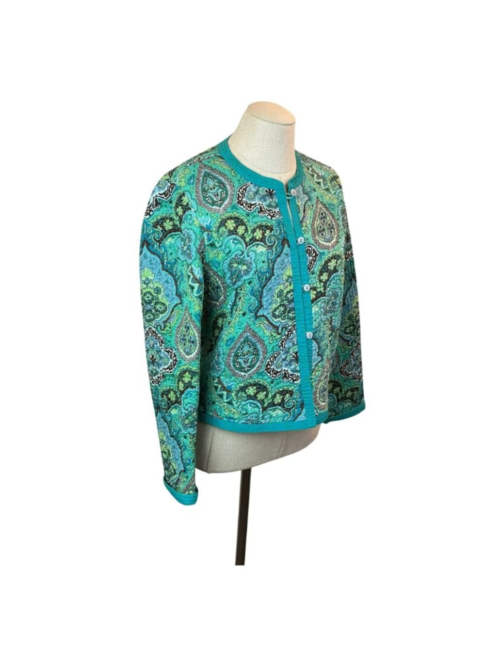 Reversible Quilted Button Front Jacket Womens Medium Turquoise PIsley Design - Picture 7 of 16